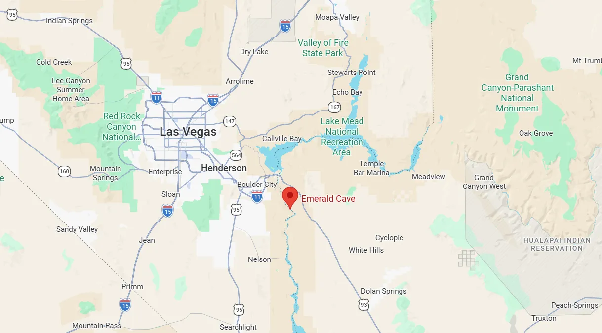 Regional map showing Emerald Cave location in Arizona, Black Canyon, Colorado River — between Las Vegas and Hoover Dam