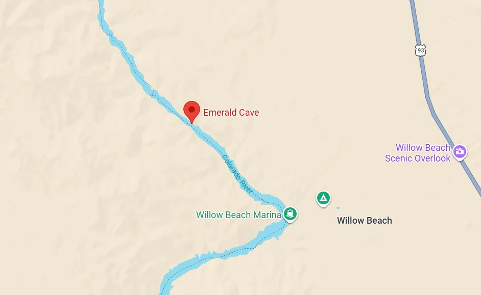 Detailed map of Willow Beach area and upstream Colorado River route to Emerald Cave