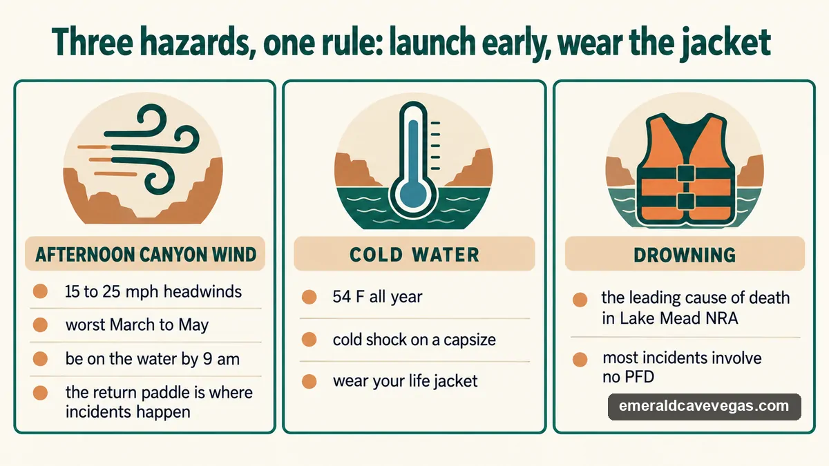 The three hazards on the Colorado River at Black Canyon: afternoon wind, 54 degree water, and drowning without a life jacket
