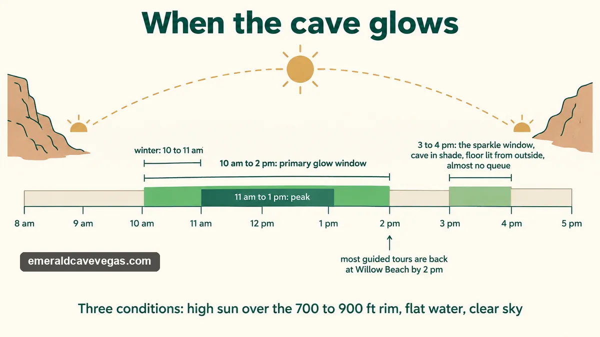 Timeline of when Emerald Cave glows: the 10 am to 2 pm primary window with an 11 to 1 peak, the 3 to 4 pm sparkle window, and the winter shift to 10 to 11 am