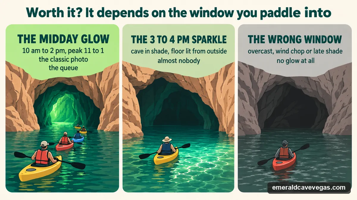 Three ways an Emerald Cave visit can go: the midday glow with its queue, the quiet 3 to 4 pm sparkle, and the wrong window with no glow