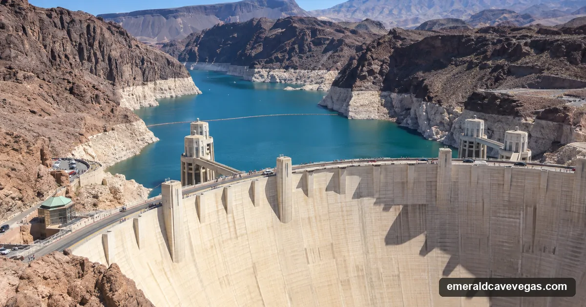 Hoover Dam from the memorial bridge walkway, with the intake towers and the road across the crest
