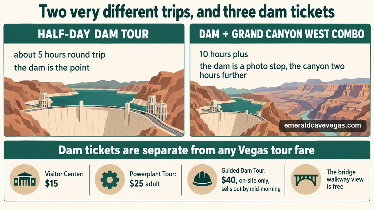 Hoover Dam tours from Las Vegas compared: the half-day dam tour versus the Grand Canyon West combo, and the three separate dam tickets