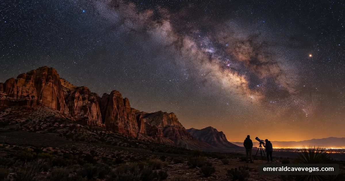 The Milky Way over the red sandstone of Red Rock Canyon with the faint glow of Las Vegas on the horizon and two people at a telescope
