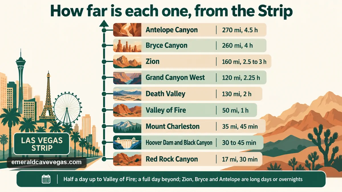 Distance ladder of natural attractions from the Las Vegas Strip, from Red Rock Canyon at 30 minutes to Antelope Canyon at 4.5 hours