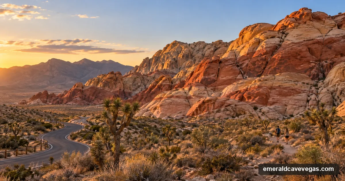 The red and cream sandstone of the Calico Hills at Red Rock Canyon with the scenic loop road and two hikers