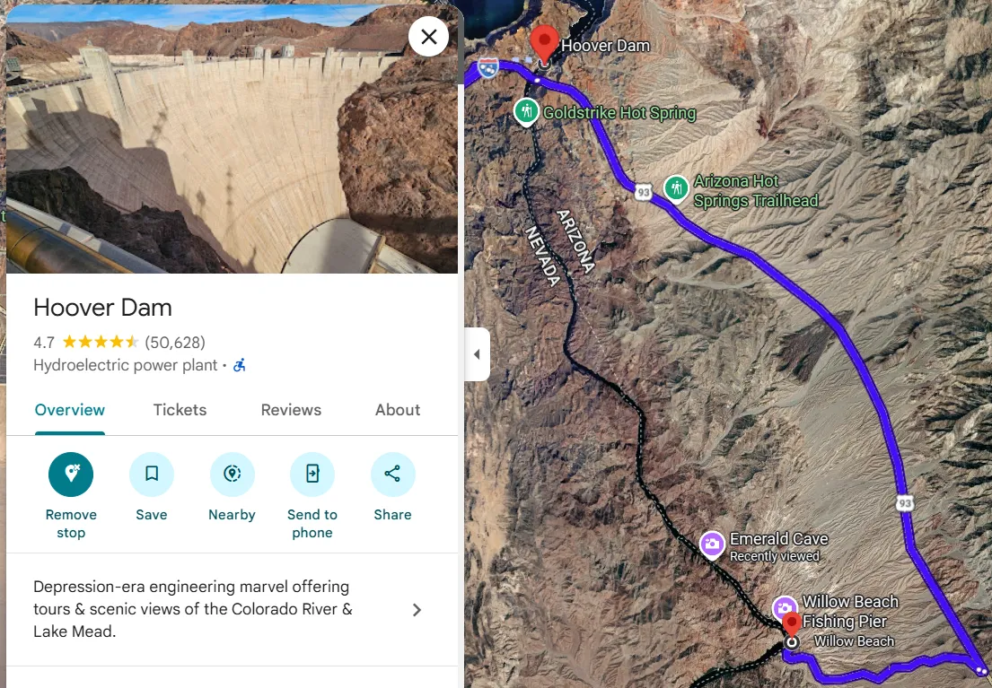 Satellite map of the full 12-mile Black Canyon paddle route from Hoover Dam to Willow Beach Marina on the Colorado River