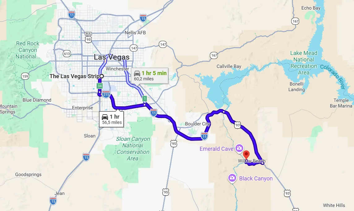 Driving route map from Las Vegas Strip to Willow Beach Marina via US-93 South and Hoover Dam