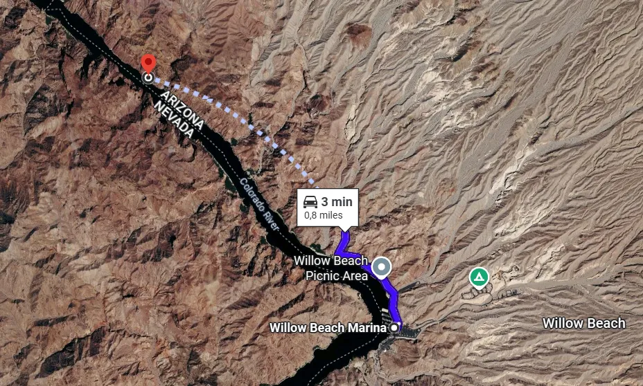 Satellite map of the 2.2-mile paddle route upstream from Willow Beach Marina to Emerald Cave on the Colorado River