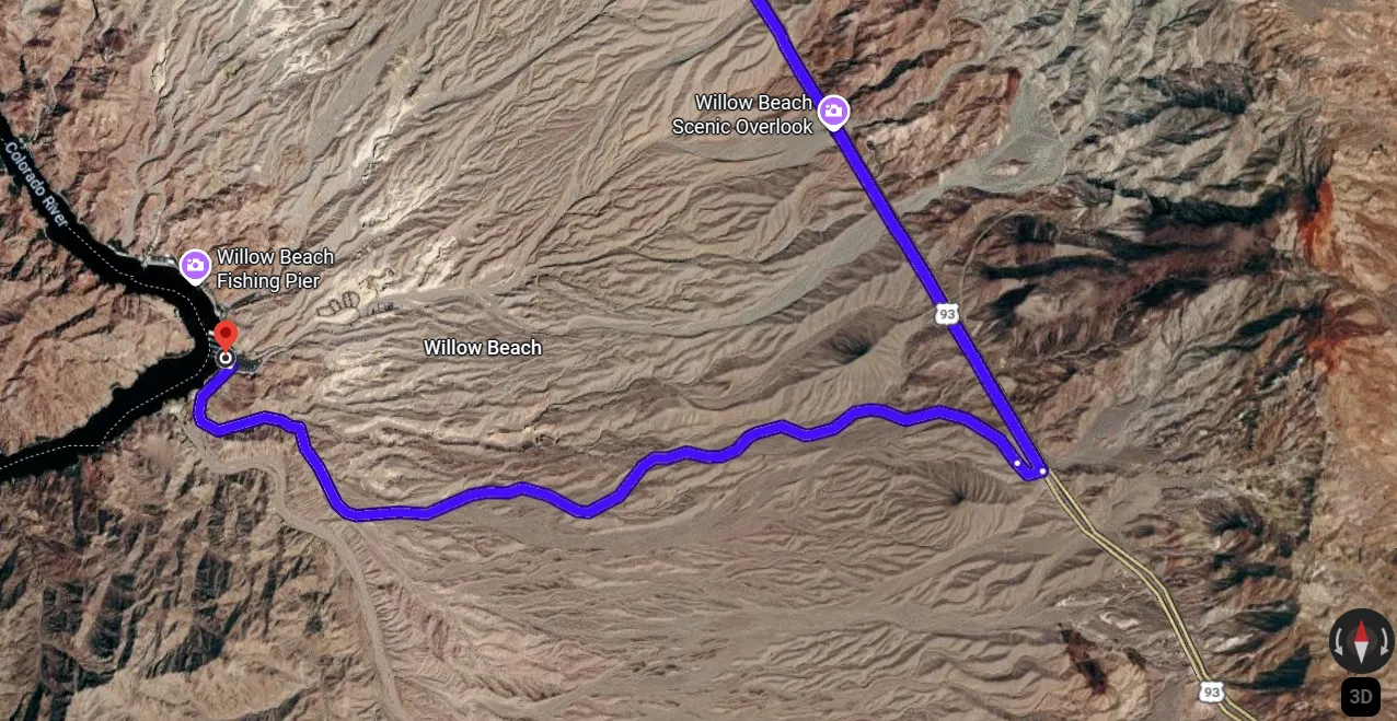 Satellite map of Willow Beach Road descent from US-93 junction to Willow Beach Marina — 4-mile switchback access road