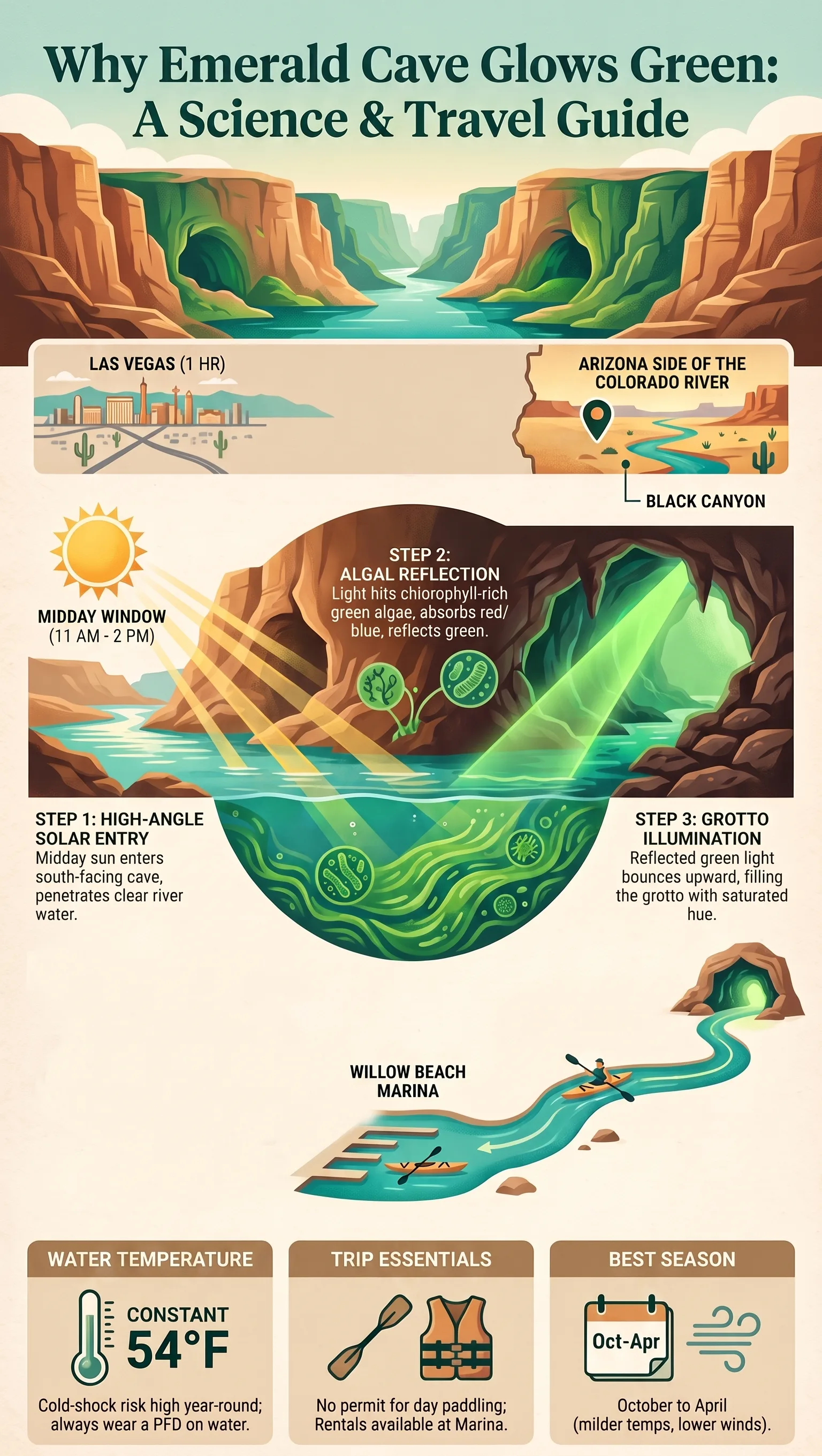 Why Emerald Cave glows green infographic: midday sun enters the south-facing cave, light hits chlorophyll-rich algae on the riverbed that reflects green, and the glow fills the grotto - with the Willow Beach paddle route and 54 degree water facts